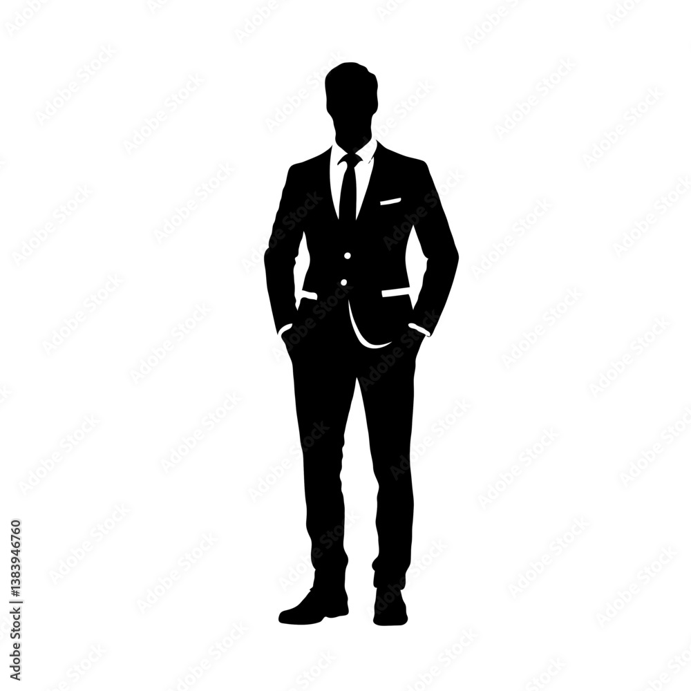 Vector Standing businessman Silhouette Front View Formal Suit Hands in Pockets Posture Vector Standing businessman Silhouette Front View Formal Suit Hands in Pockets Posture