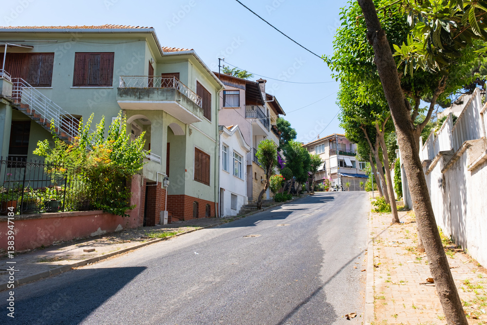Fototapeta premium Charming street view in Buyukada, Adalar, one of prince islands in Istanbul. Quiet road lined residential street with trees and quaint houses on a sunny day