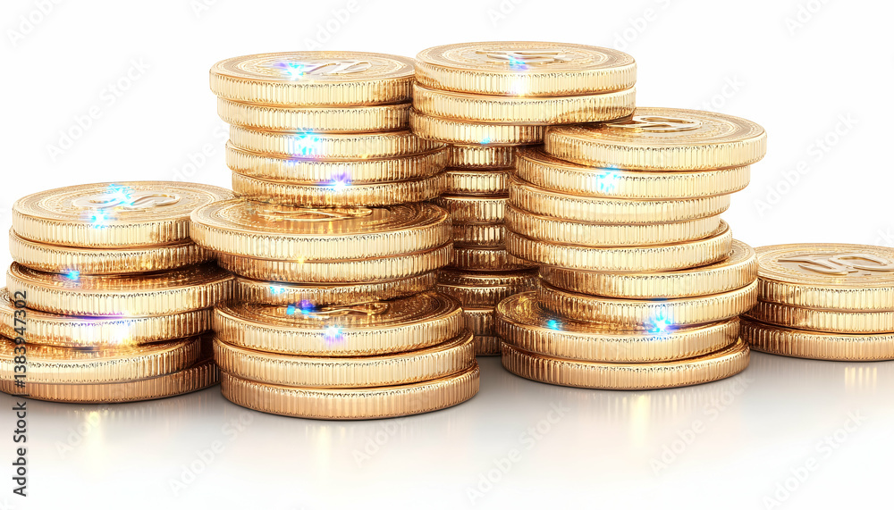 Gleaming gold coins stacked on white background Gleaming gold coins stacked on white background