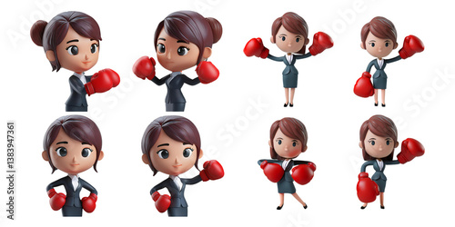 Playful Business Woman in Boxing Gloves with Confident Poses, isolated on transparent background