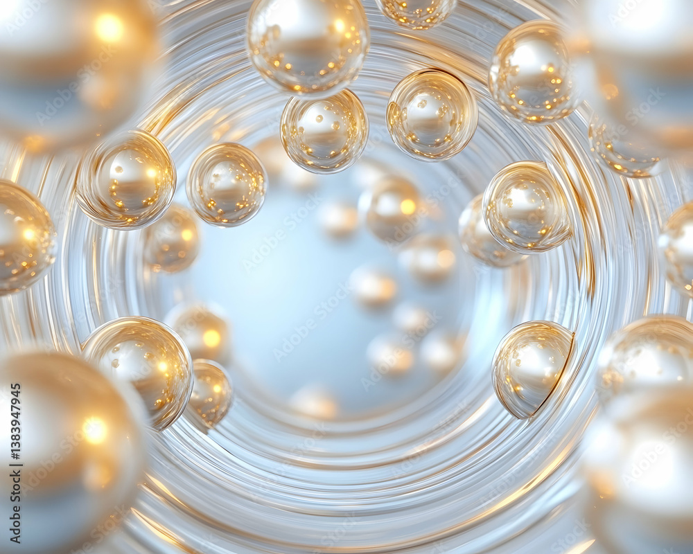 Fototapeta premium Glowing pearls swirling in a light grey, circular vortex
