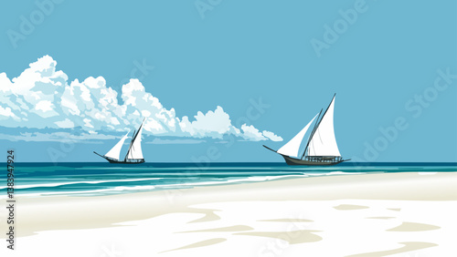 Diani Beach Kenya with Indian Ocean and Dhows in Digital Drawing