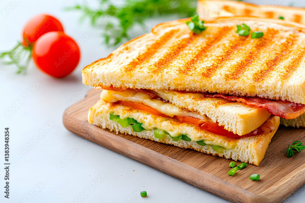 Grilled cheese sandwich with bacon, tomato, and cheese on wooden board Grilled cheese sandwich with bacon, tomato, and cheese on wooden board