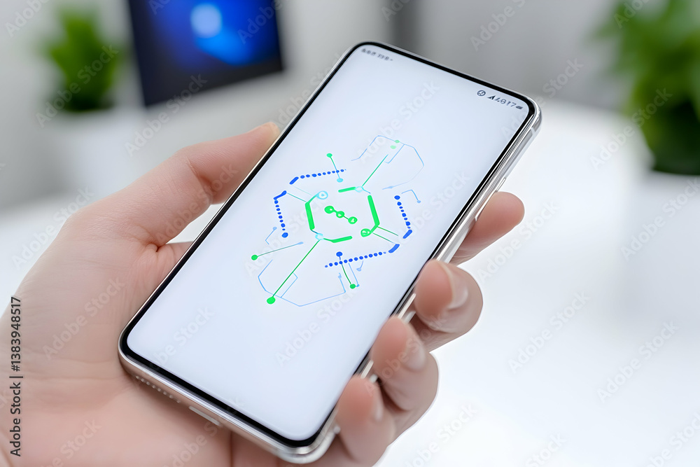 Hand holding smartphone displaying abstract network diagram Hand holding smartphone displaying abstract network diagram