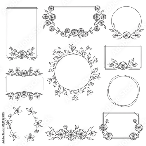 A collection of decorative floral frames features various designs with flowers and leaves arranged around circular and rectangular shapes