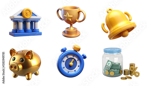 Finance Icons Showcase: Banking, Savings, Time Management, Investment, Reward in Digital Illustrations