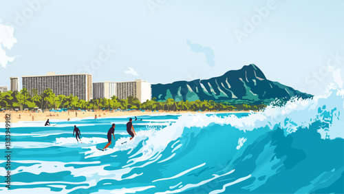 Waikiki Beach Hawaii in Digital Illustration