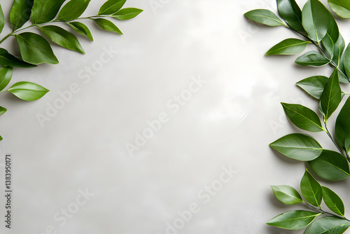 Lush green leaves frame a light gray background, ideal for text or design elements