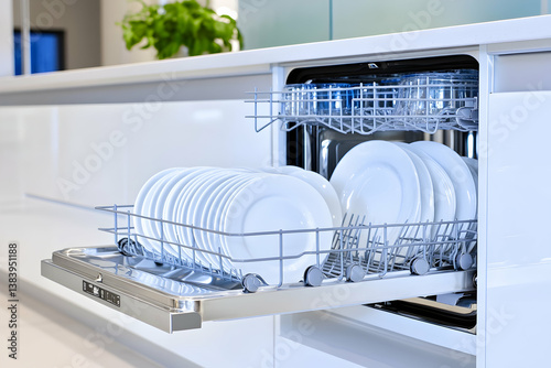 Modern dishwasher with clean white plates and glasses loaded inside, partially open in a sleek white kitchen