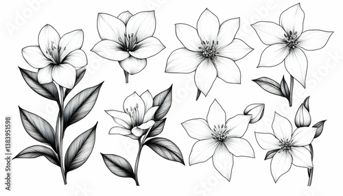 Monochrome floral illustrations; various blossoms, buds, and leaves in detailed line art