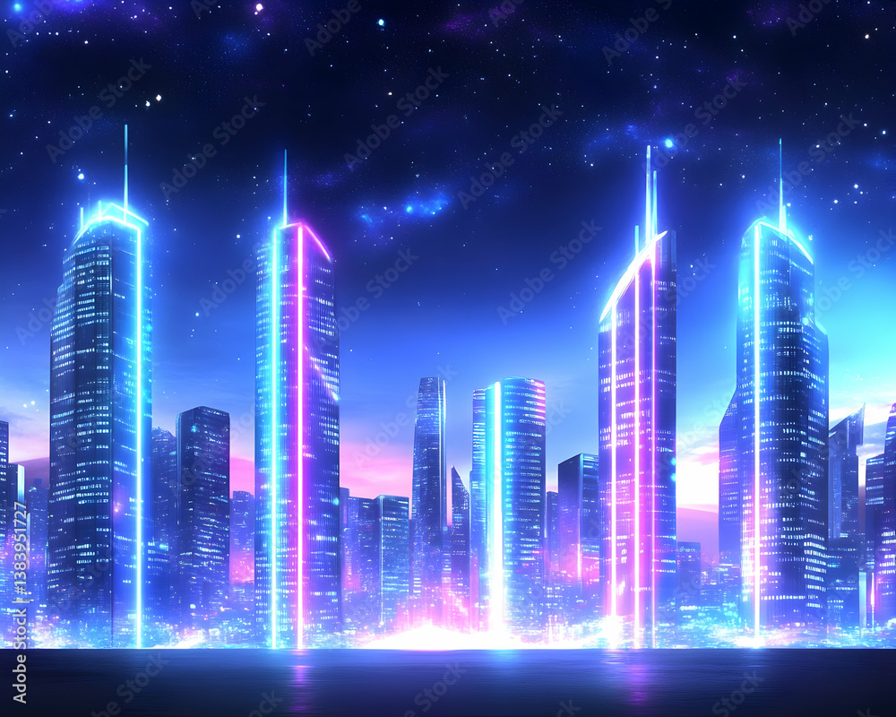 Neon-lit cityscape at twilight, futuristic skyscrapers glowing vibrantly Neon-lit cityscape at twilight, futuristic skyscrapers glowing vibrantly