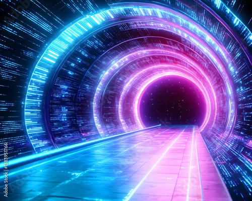 Fototapeta Naklejka Na Ścianę i Meble -  Neon-lit digital tunnel with glowing rings and data streams