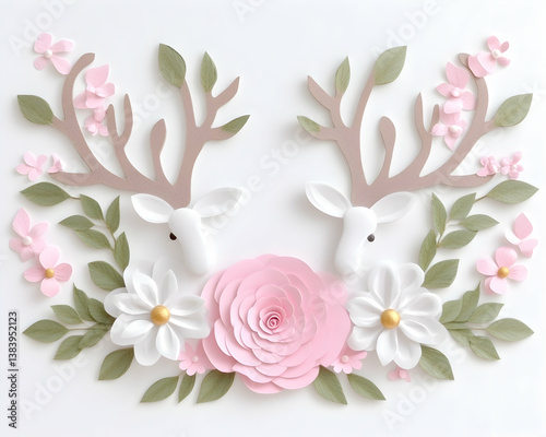 Paper deer heads framed by pink and white flowers & leaves