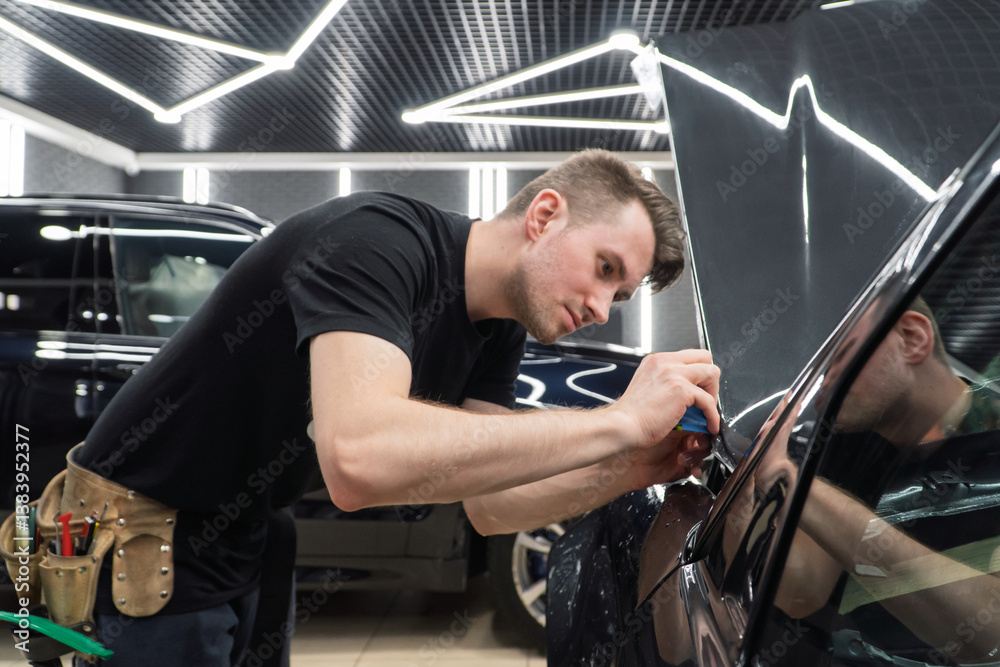 The process of installing PPF, armored film on the car. PPF is a polyurethane, protective film that protects the paint from scratches. Car wrapping, tuning, styling. Close-up, selective focus. The process of installing PPF, armored film on the car. PPF is a polyurethane, protective film that protects the paint from scratches. Car wrapping, tuning, styling. Close-up, selective focus.