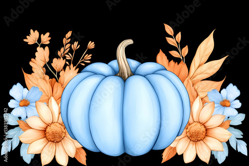 Pastel blue pumpkin nestled amongst autumnal flowers and leaves