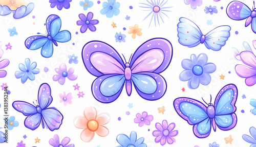 Pastel butterflies and flowers on white background