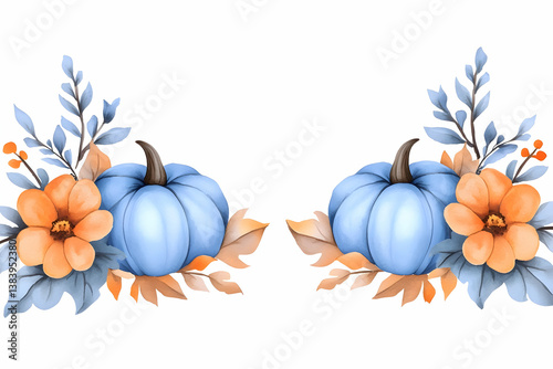 Pastel blue pumpkins and autumnal floral arrangement
