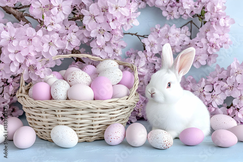 Pastel Easter eggs, white rabbit, and blooming branches