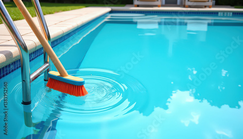 Scrubbing pool ladder before summer season, cleaning preparation