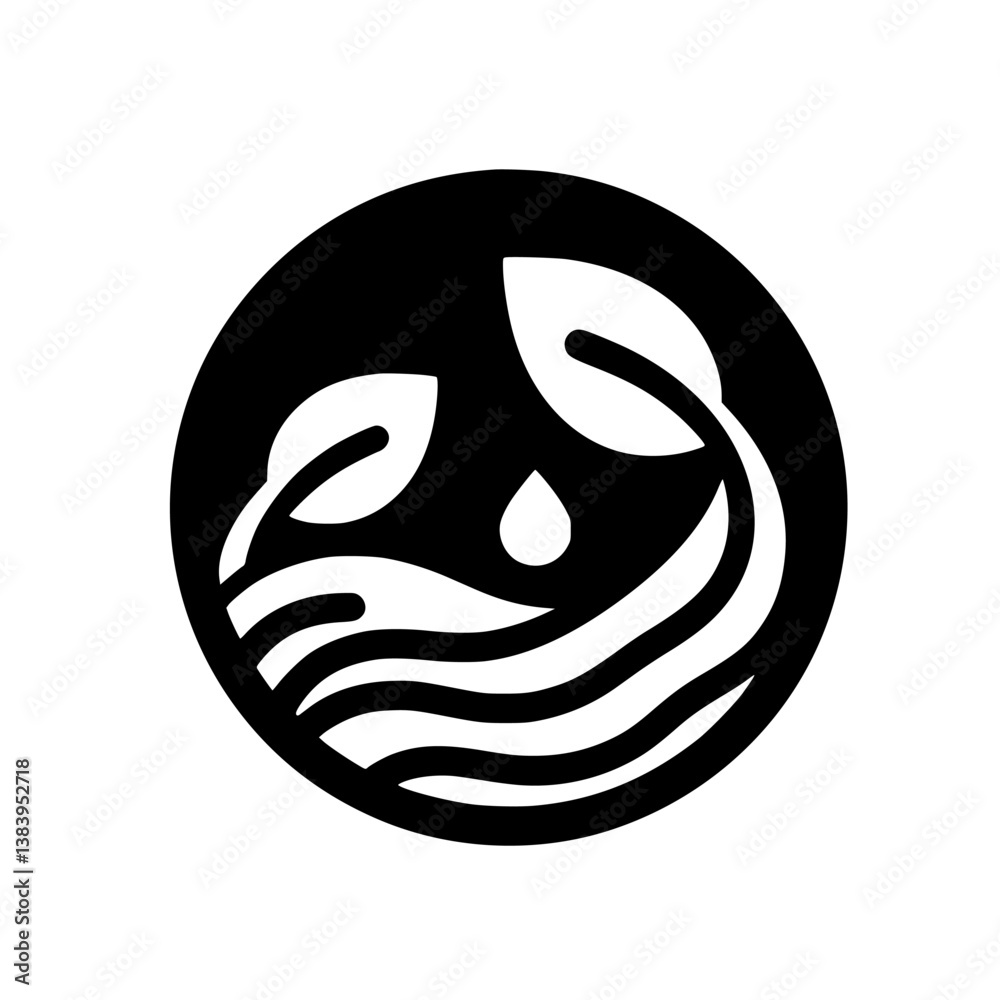 Obraz premium Black and White Eco Logo: Leaves, Waves, and Water Drop