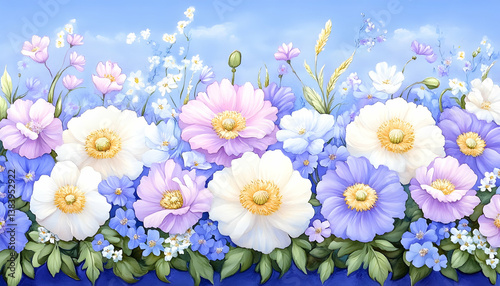 Pastel-colored wildflowers and poppies in a seamless border against a blue sky