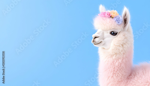 Pink alpaca with floral crown against a light blue background