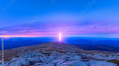 Purple light beam on mountain peak at twilight, serene landscape