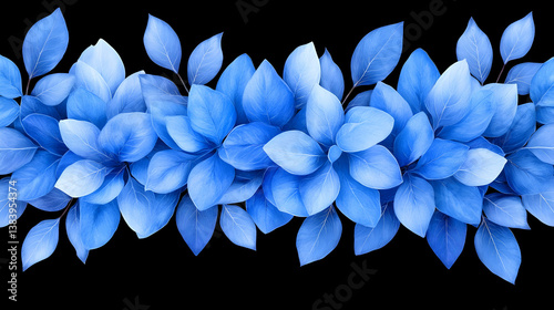 Seamless border of vibrant blue leaves on black