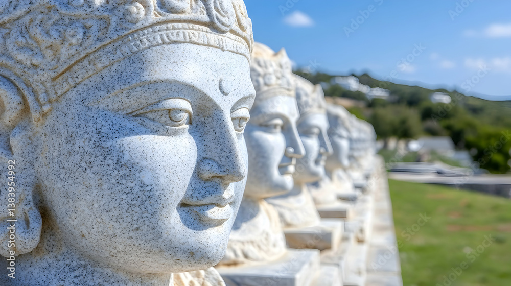 Serene row of carved stone deity busts, outdoor setting Serene row of carved stone deity busts, outdoor setting
