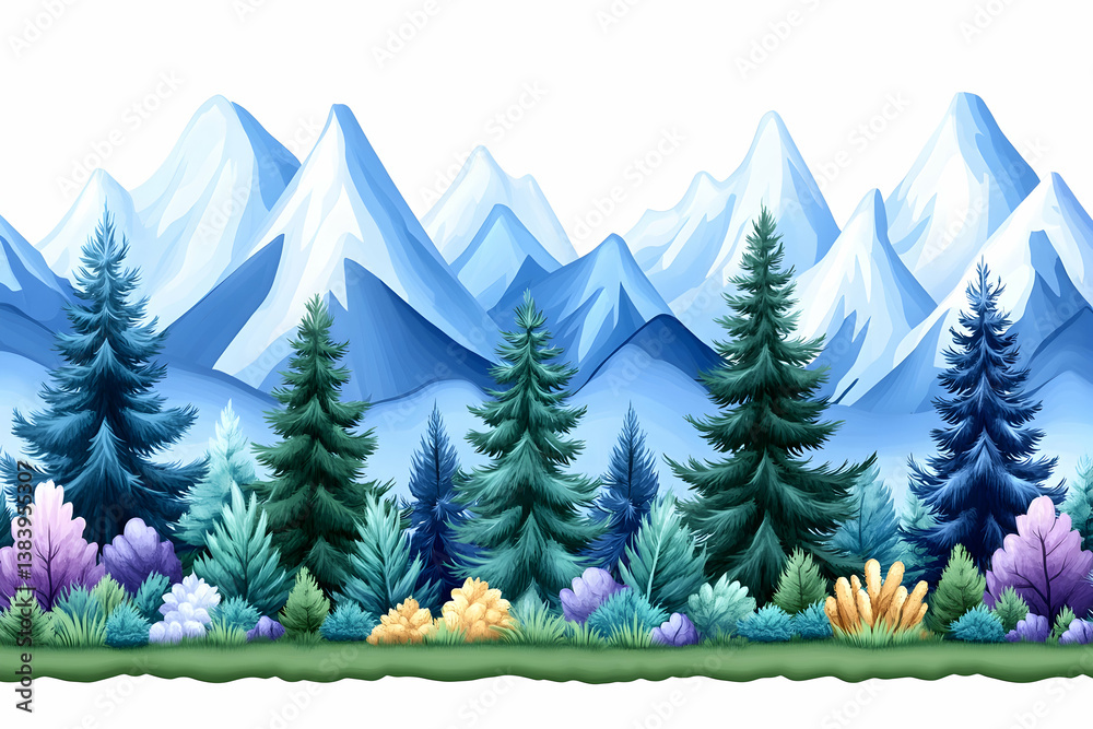 Fototapeta premium Serene winter landscape featuring snow-capped mountains and evergreen forest