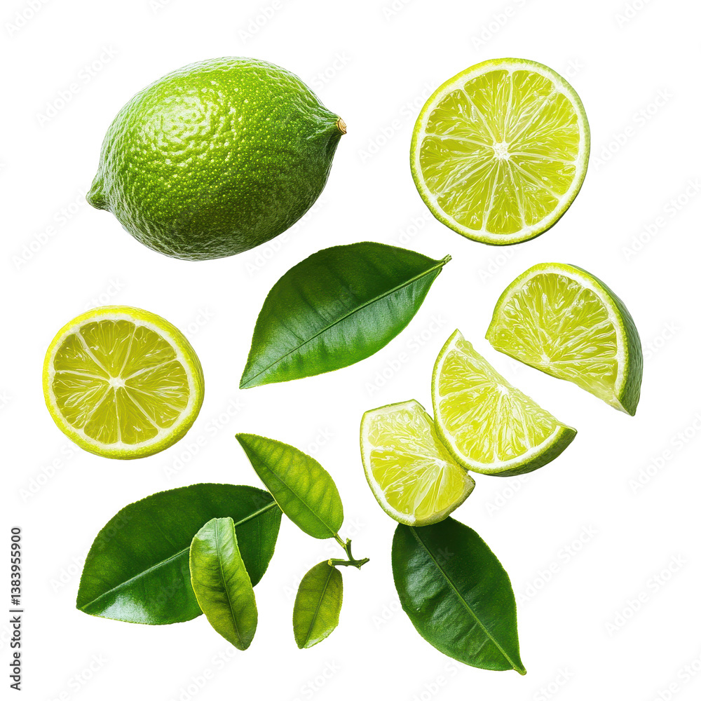 Fresh limes with slices and vibrant green leaves isolated on bright Transparent background, Limes with slices and leaves isolated on PNG background