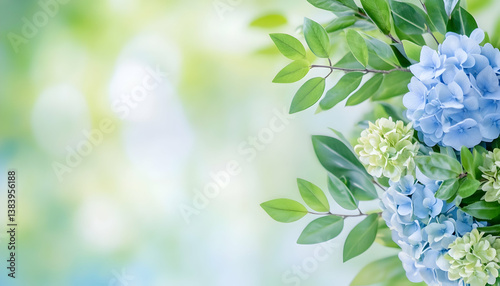 Soft blue hydrangeas and green leaves against a blurred spring background