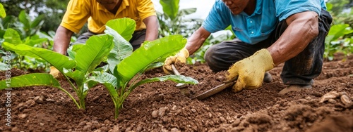 Manual Labor in Agriculture with Workers Cultivating Fresh Plants