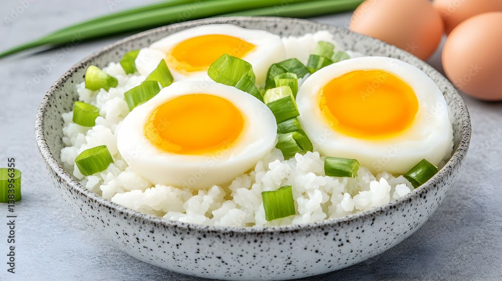 Soft-boiled eggs halved on fluffy rice with chopped scallions Soft-boiled eggs halved on fluffy rice with chopped scallions
