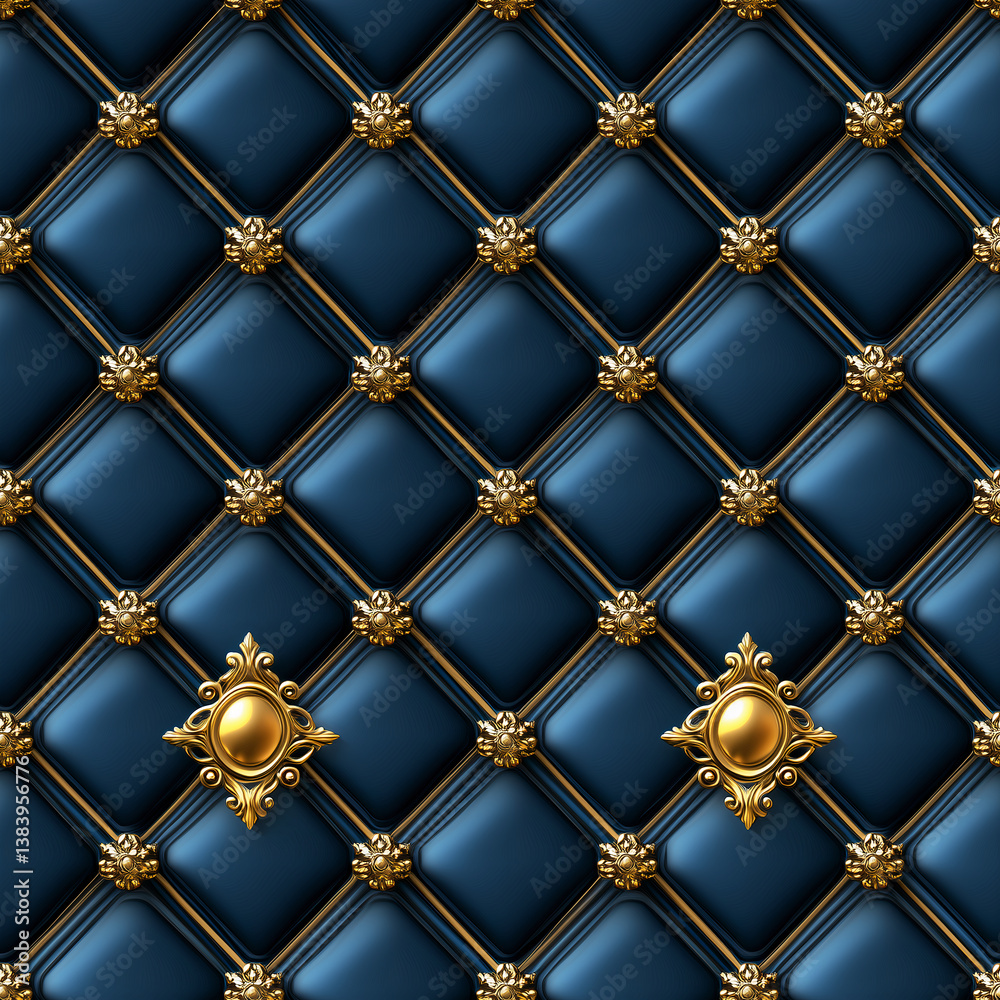 Fototapeta premium Luxury 3D Blue Tufted Leather Background with Golden Baroque Ornaments