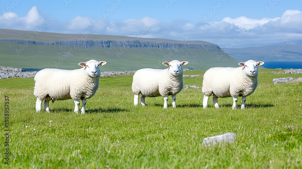 Fototapeta premium Three fluffy white sheep stand in a vibrant green pasture, a scenic mountain backdrop under a bright blue sky