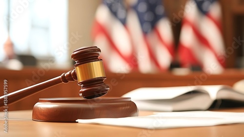 Gavel on Desk, Courtroom Setting