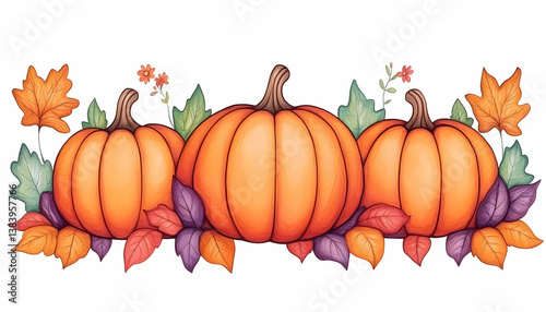 Three pumpkins with autumn leaves and flowers