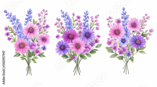 Three watercolor bouquets of pink and purple daisies and wildflowers