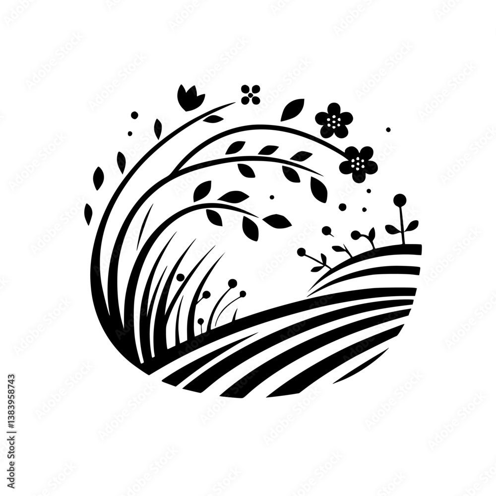 Naklejka premium Black & White Floral Landscape Illustration
