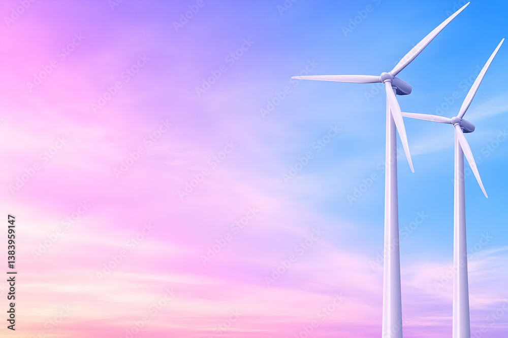 Fototapeta premium Two wind turbines against a pastel sunset sky