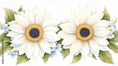 Two white daisies with blue forget-me-nots and green leaves