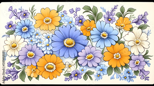 Vibrant floral arrangement of blue, orange, and white daisies