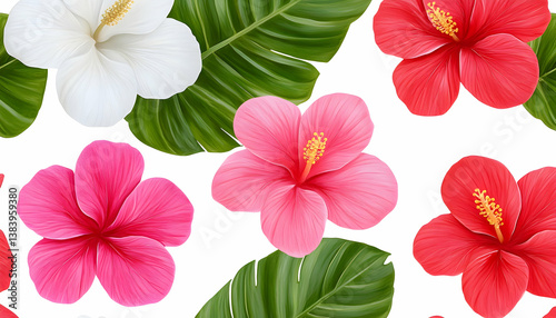 Vibrant hibiscus flowers and tropical leaves seamless pattern