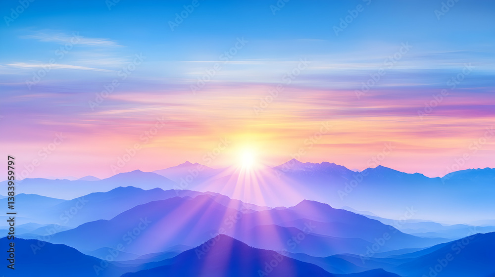 Obraz premium Vibrant sunrise over majestic mountain range, showcasing colorful sky and sun rays