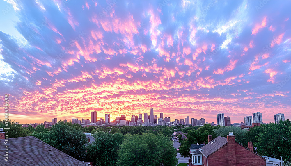 Vibrant sunrise paints pastel hues across a city skyline, viewed from a residential neighborhood Vibrant sunrise paints pastel hues across a city skyline, viewed from a residential neighborhood