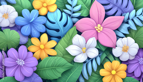 Vibrant tropical flowers and leaves background
