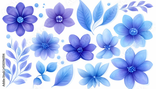 Watercolor-style blue flowers and leaves collection, isolated on white