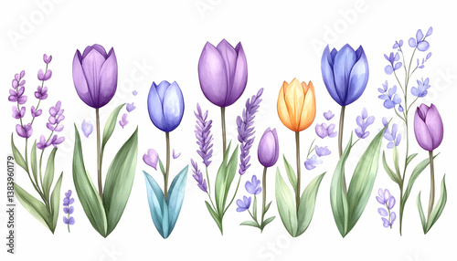 Watercolor illustration of purple, blue, and yellow tulips and lavender sprigs