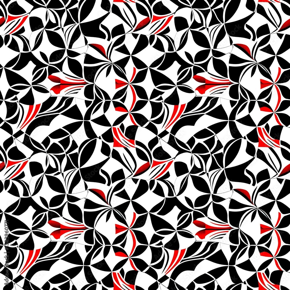A black and white pattern with red and black shapes. A black and white pattern with red and black shapes.